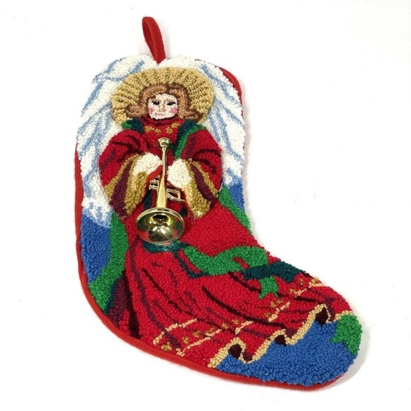Christmas Stocking Angel Gold Trumpet‎ Horn Needlepoint Velvet Back Red - Picture 1 of 11